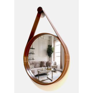 ESPELHO REDONDO DECORATIVO COM MOLDURA ALÇA DE COURO 60CM CARAMELO