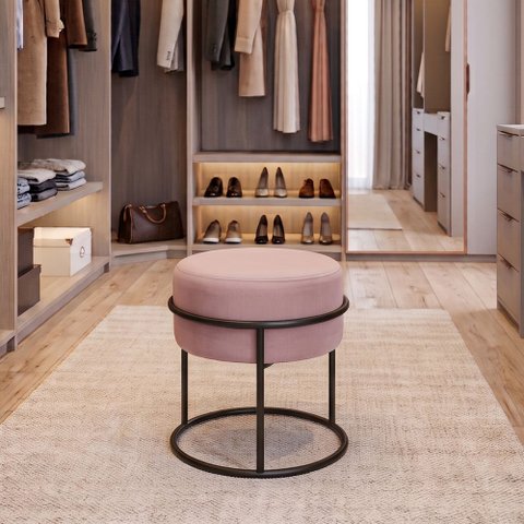 Puff Redondo Decorativo Estofado em Veludo Base Metálica Preta Cor Rosé
