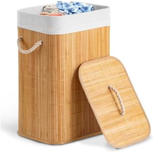 Cesto de Roupa Bambu Dobrável Retangular Tampa e Forro 60l:60 Litros