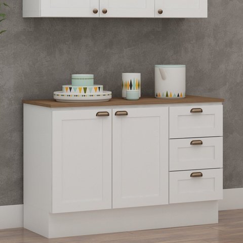 Balcão 2 Portas 3 Gavetas 120cm Americano 100% MDF com Tampo e Rodapé Provençal Branco/Ébano
