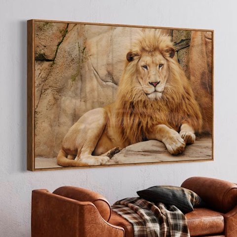 Quadro Decorativo Leão em Moldura Caixa Tacolado Moldura Trad 1cm Madeira Escura com Vidro 20 X 30cm
