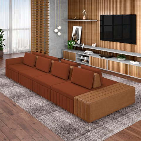Sofá Ilha com Encosto e Almofadas Móveis Olimpo 505cm Modulado Linho/pu Terracota/caramelo G45 - Gra
