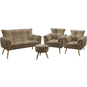 Kit 1 Namoradeira 2 Poltronas e 1 puff Capuccino Opala Decorativa Pé Palito Madeira