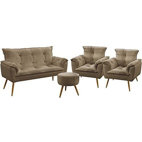 Kit 1 Namoradeira 2 Poltronas e 1 puff Capuccino Opala Decorativa Pé Palito Madeira