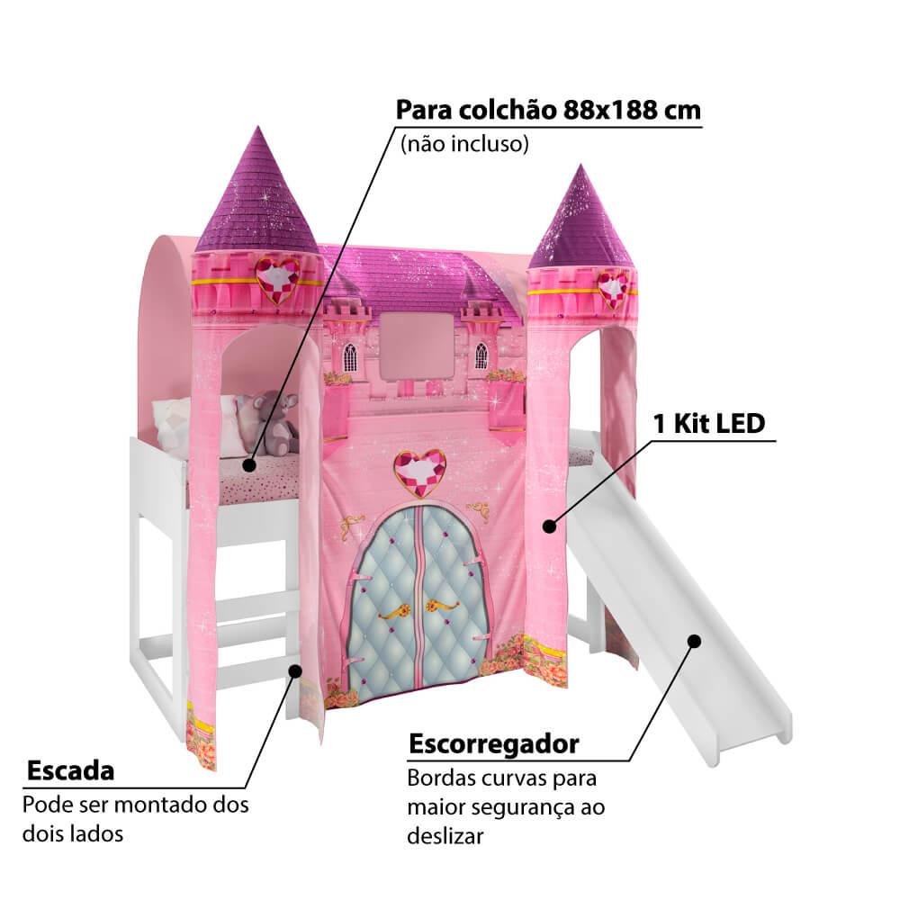 Cama Infantil Alta Joy com Escorregador/2 Dosséis Torre Castelo e Led - Rosa/Branco - 3