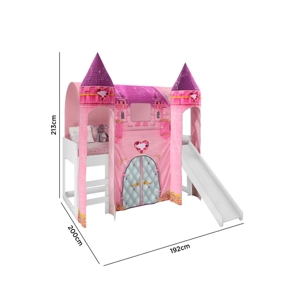 Cama Infantil Alta Joy com Escorregador/2 Dosséis Torre Castelo e Led - Rosa/Branco - 6