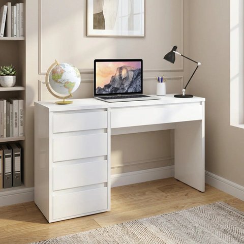 Escrivaninha Mesa de Escritório 100% MDF com 5 Gavetas 45 x 136cm Branca Casuá