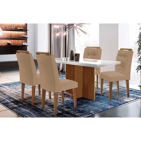 Conjunto: Mesa de Cozinha Berlim C/ Tampo Madeirado C/ Vidro Canto Curvo 120x80cm e 4 Cadeiras