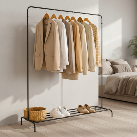 Guarda-roupa Arara 3 Colunas Multifuncional Desmontável Organizador de Roupa Metal Preto Lavanderia