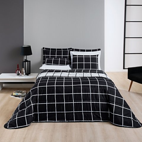 Cobre Leito Colcha Casal 3 peças Micropercal 200 Fios Matelado Dupla Face - Preto e Branco