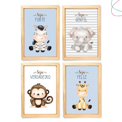 Quadro Decorativo Infantil Safari Baby Aquarela Azul 23x33:Pinus