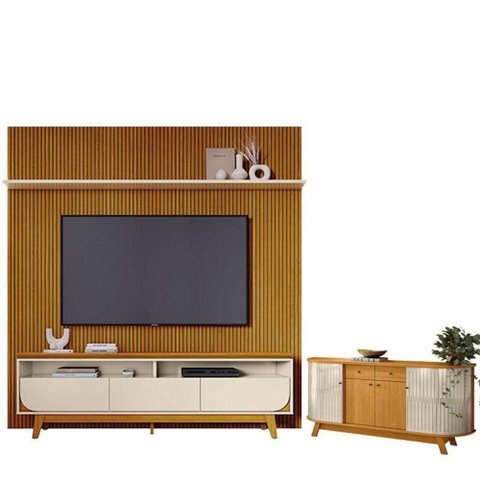 Estante Home Theater com Bancada Suspensa Luna com Aparador para Sala Buffet Mônaco Cinamomo Off