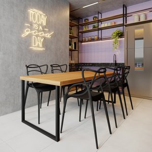 Conjunto Mesa Madeira Maciça Bernardo 1,80m Ferragem Preta com 6 Cadeiras Alegra Preta