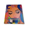 Mini Quadro Pintado a Mão para Decoração Estilizado de Mulher Tomando Café Medindo 20x25cm - 3