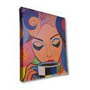 Ver imagem 2 de Mini Quadro Pintado a Mão para Decoração Estilizado de Mulher Tomando Café Medindo 20x25cm