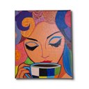 Ver imagem 1 de Mini Quadro Pintado a Mão para Decoração Estilizado de Mulher Tomando Café Medindo 20x25cm