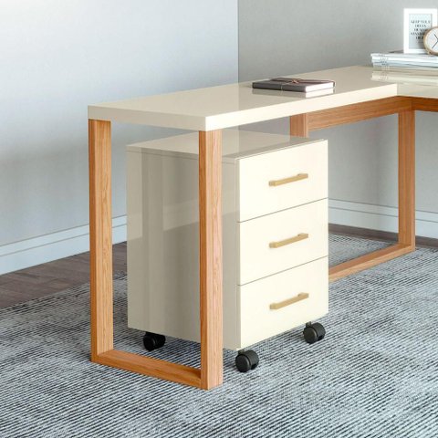 Gaveteiro Escritório com 3 Gavetas Dalla Costa 100% MDF Cor:Off White com Gold