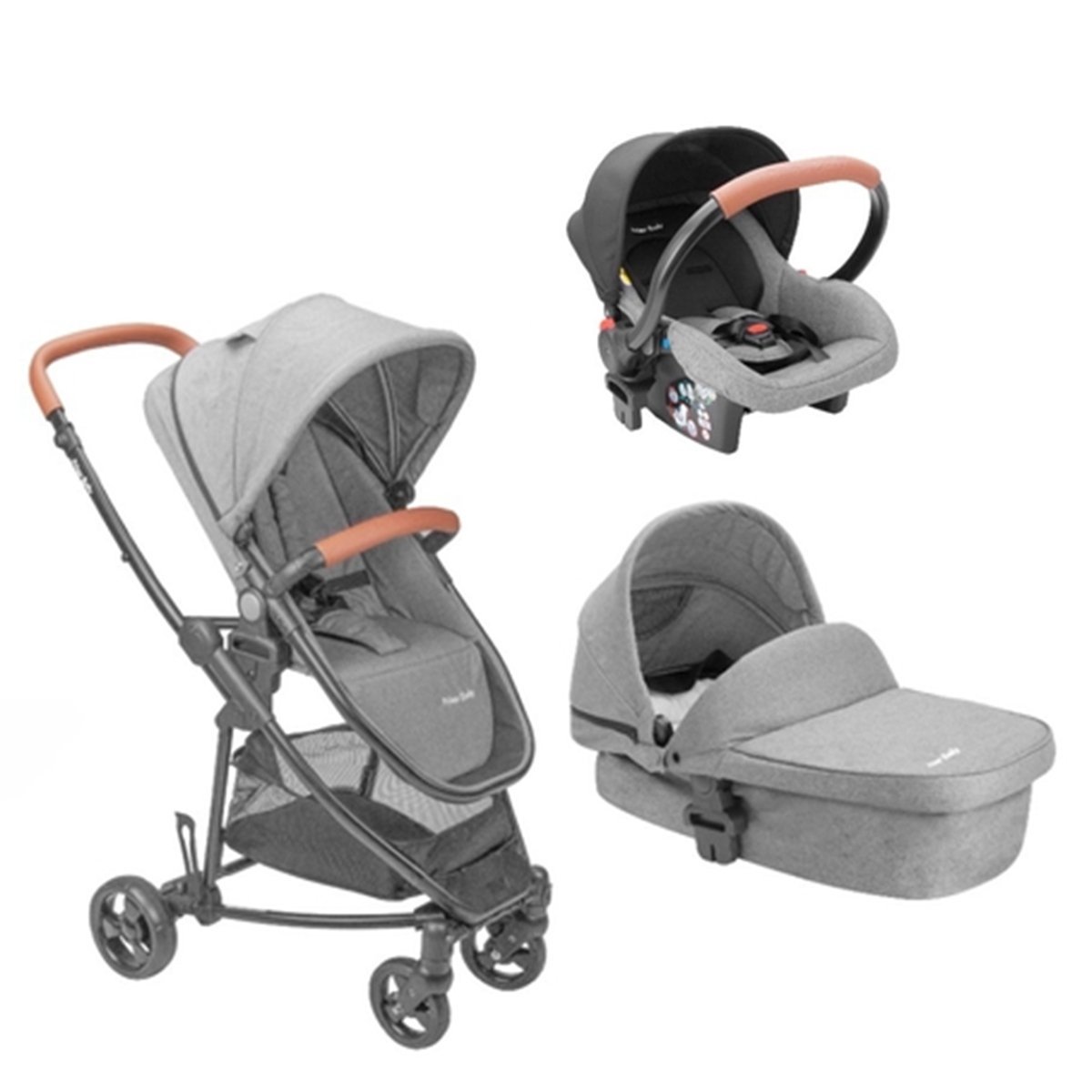 Carrinho Bebê Passeio Travel System Reclinável + Bebê Conforto + Moisés Cinza Tygo 6 Gray Prime Baby