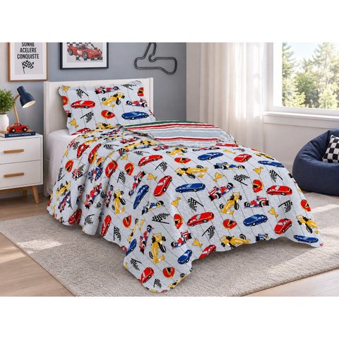 Kit Colcha Infantil Meninos Dupla Face Solteiro 160x240cm - Carros