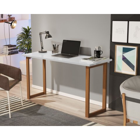 Mesa Estudo Ecrivaninha 90 Cm Sala e Quarto Moderno Trabalho Pés Madeira Premium Notebook Cor Branco