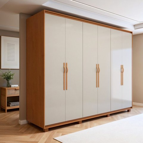 Guarda-Roupa Casal 6 Portas 6 Gavetas com Pés MDF 270cm Suavitá Bege Amêndoa Clean/Off White