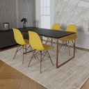 Ver imagem 1 de Mesa Industrial Base Ferro Cobre Tampo 137x90 Preto 4 Cadeiras Eames Madeira Assento Amarelo