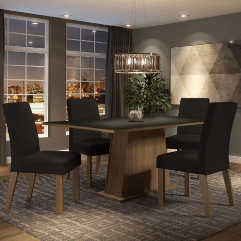 Conjunto Sala de Jantar Mesa Tampo de Madeira com 4 Cadeiras Rustic/preto/oxford Flavia Madesa