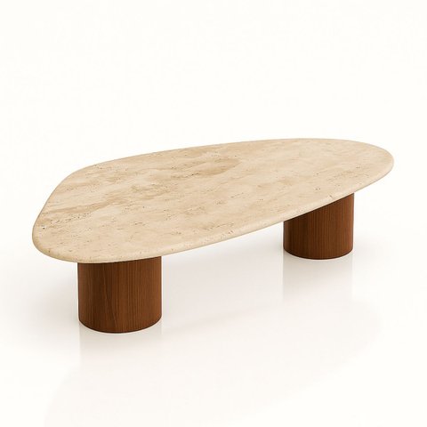 Mesa de Centro Astrid 137x90 Cm Base Dupla Nogueira Tampo Mármore Travertino