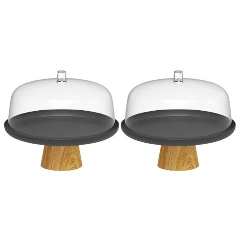 Conjunto 2 Boleiras Porta Bolos Tortas 25cm com Tampa e Pé Bailarina ou Lume Preto
