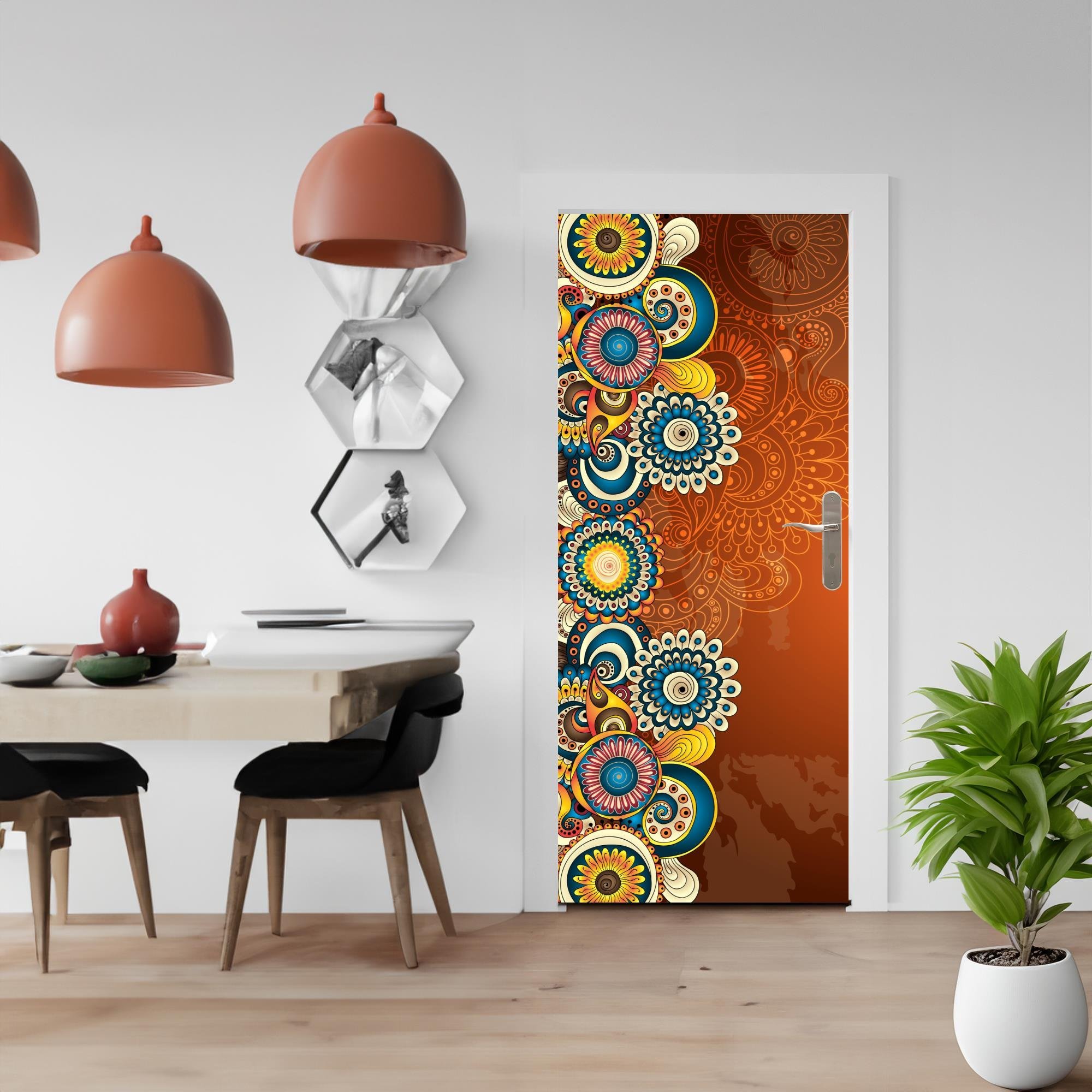 Adesivo Decorativo Porta Mandala Tons Azul Amarelo e Laranja - 4