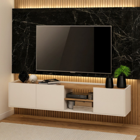 Rack Moscou Suspenso 155cm Branco com Amadeirado Byhouse