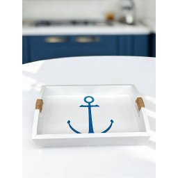 Bandeja Branca Âncora Azul em Madeira 35x25 Cm Decoração Náutica Praia - 1