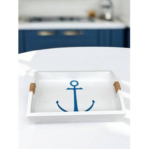 Bandeja Branca Âncora Azul em Madeira 35x25 Cm Decoração Náutica Praia