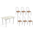 Ver imagem 1 de Conjunto: Mesa de Cozinha Elba Tampo Madeirado C/ Vidro 120cm e 6 Cadeiras Noruega Cromada/off White