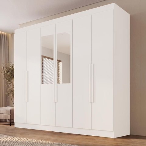 Guarda Roupa Casal Crsal 6 Portas de Bater 2 Gavetas MDP com Espelhos Branco Multimóveis 177cm