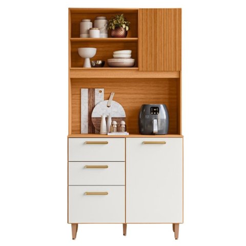Kit Cozinha 3 Portas 2 Gavetas 92x188 cm Sicilia Piccolo Freijo Off Ripado Frisado Poliman