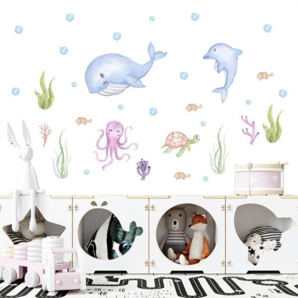 Adesivo kit infantil animais fundo do mar aquarela