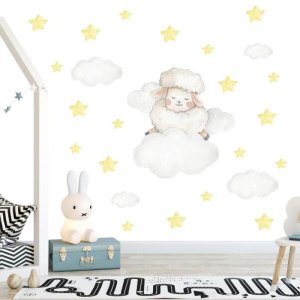 Adesivo kit infantil ovelha animal estrelas nuvens