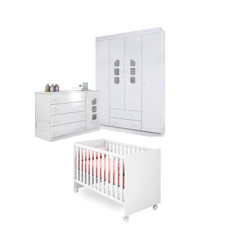Berço Americano Mini Cama + Guarda-Roupa Roupeiro e Cômoda Aquarela 100% MDF Branco para Quarto