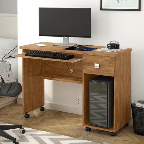 Mesa para Computador Vicenza Lukaliam com Gaveta e Rodízios Amêndoa
