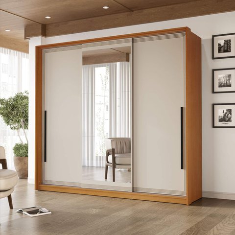 Guarda Roupa Casal 220cm 3 Portas de Correr com Espelho 240854 Valência Politorno Móveis