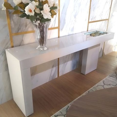 Aparador Sala Alto Padrão Vidro Branco e Bandeja Espelhada