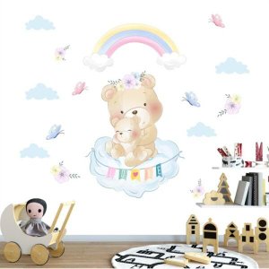 Adesivo kit infantil mamãe e bebê ursinho arco-íris