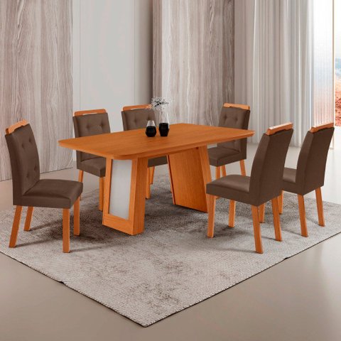 Mesa de Jantar Carolina 180cm Tp MDF Laminado Canto Copo Base Detalhe Off White com 6 Cadeiras Carol