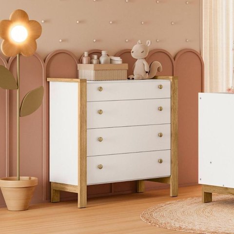 Cômoda Infantil Charlotte 4 Gavetas MDF-MDP Puxador Metalizado Branco Mais de Casa