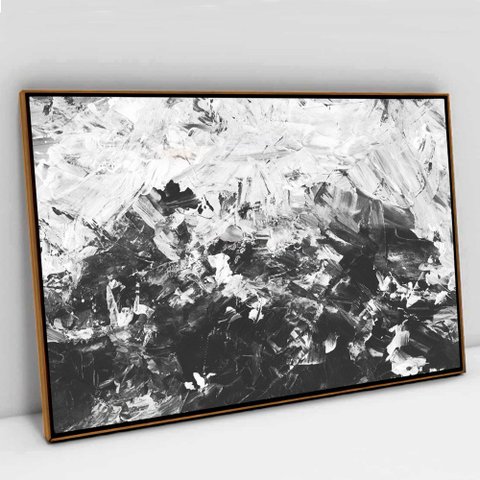 Quadro Decorativo em Canvas Abstrato Preto e Branco TaColado Moldura Flutuante 4,5cm Freijó 90 x 60c