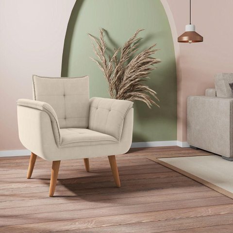 Poltrona Maya para Sala com Pés Retos em Madeira Tecido Inca Areia Bege Framar 82cm