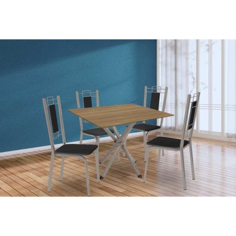 Sala de Jantar Completa Volga C/ Tampo de Madeira 90cm e 4 Cadeiras Florença Niquel/nogueira -
