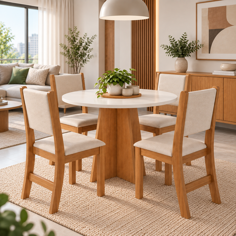 Conjunto Mesa de Jantar Redonda Slin Mel 4 Cadeiras Sol Linho Bege