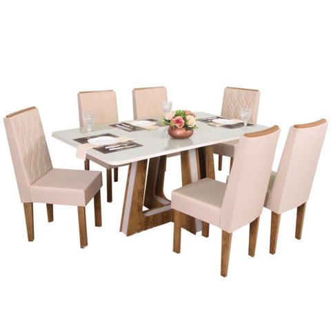 Conjunto Mesa Retangular Agnes Vidro Off White 6 Cadeiras Stela com Apliques Corriente Areia Freij